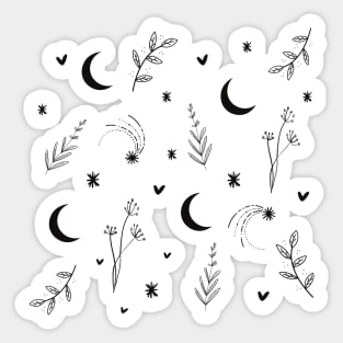 moon and stars black and white pattern floral space Sticker